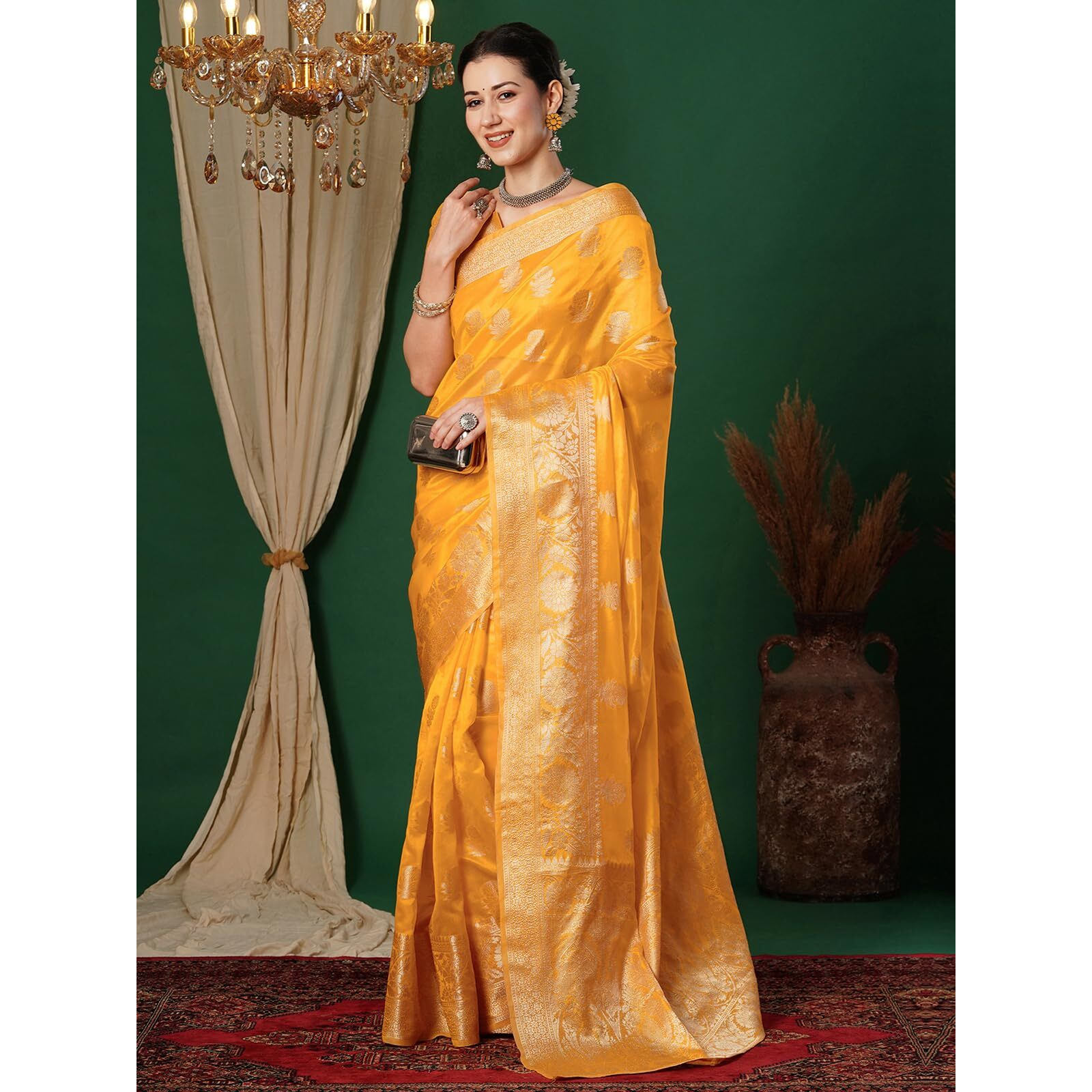Satrani Women's Banarasi Jacquard Kanjivaram Silk Blend Saree With Unstitched Blouse Piece (3747S458N_Yellow & Golden)