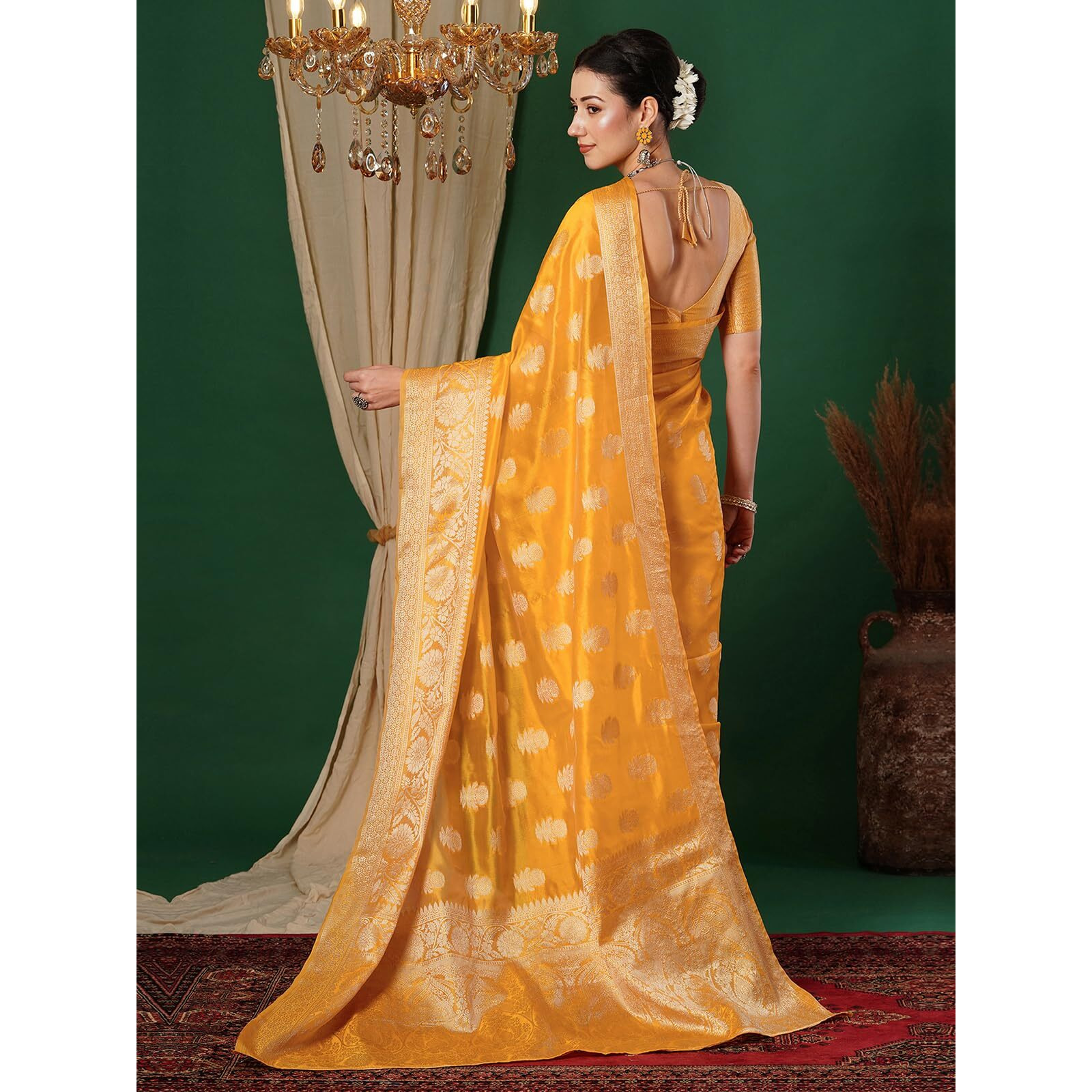 Satrani Women's Banarasi Jacquard Kanjivaram Silk Blend Saree With Unstitched Blouse Piece (3747S458N_Yellow & Golden)