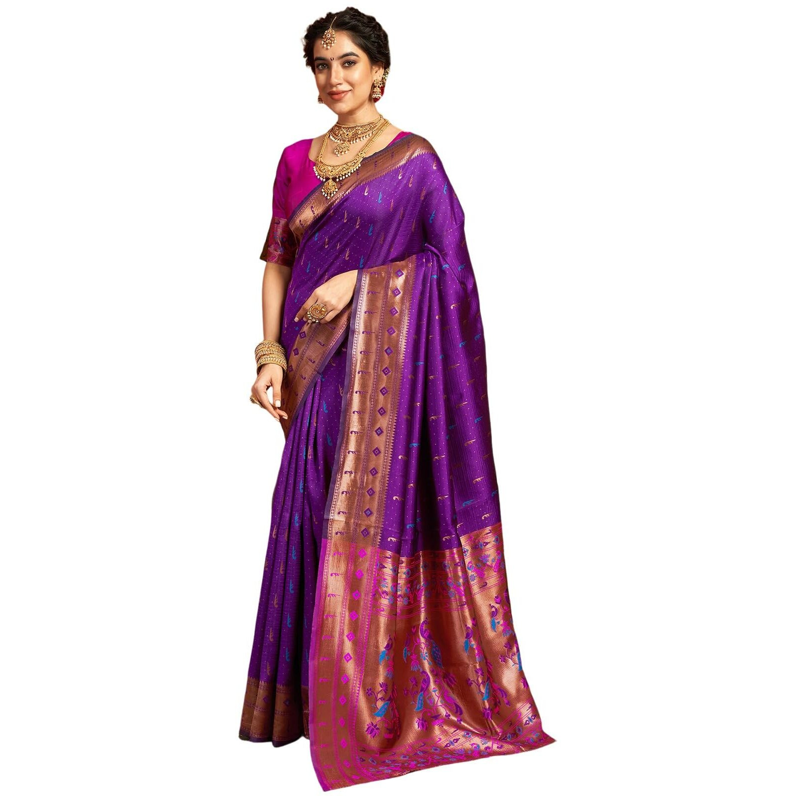 Satrani Women's Silk Paithani Jacquard Weaving Saree With Unstitched Blouse Piece (4046S6294N_Dark Purple)