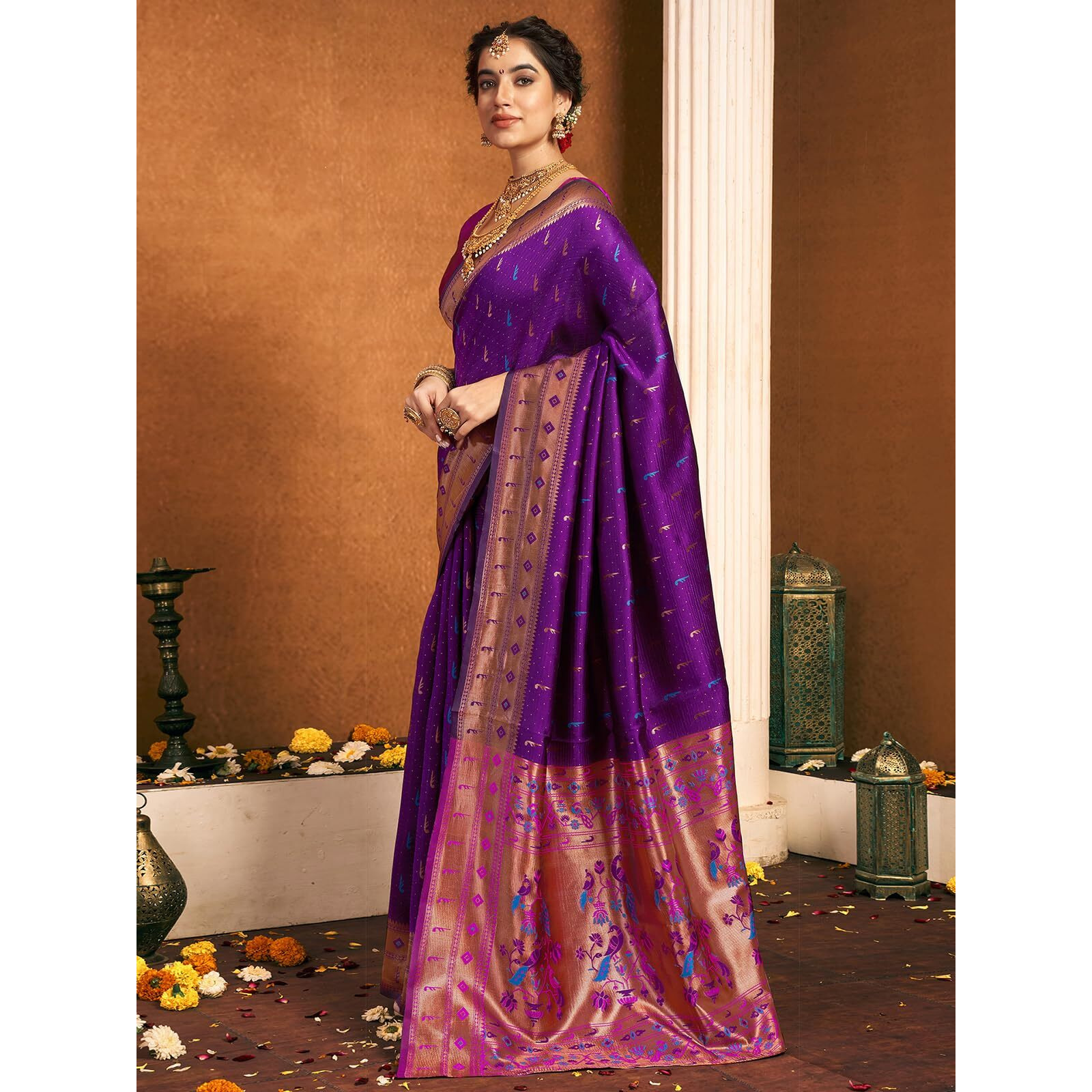 Satrani Women's Silk Paithani Jacquard Weaving Saree With Unstitched Blouse Piece (4046S6294N_Dark Purple)
