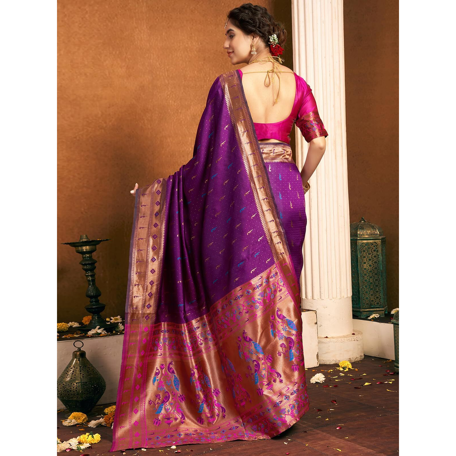 Satrani Women's Silk Paithani Jacquard Weaving Saree With Unstitched Blouse Piece (4046S6294N_Dark Purple)
