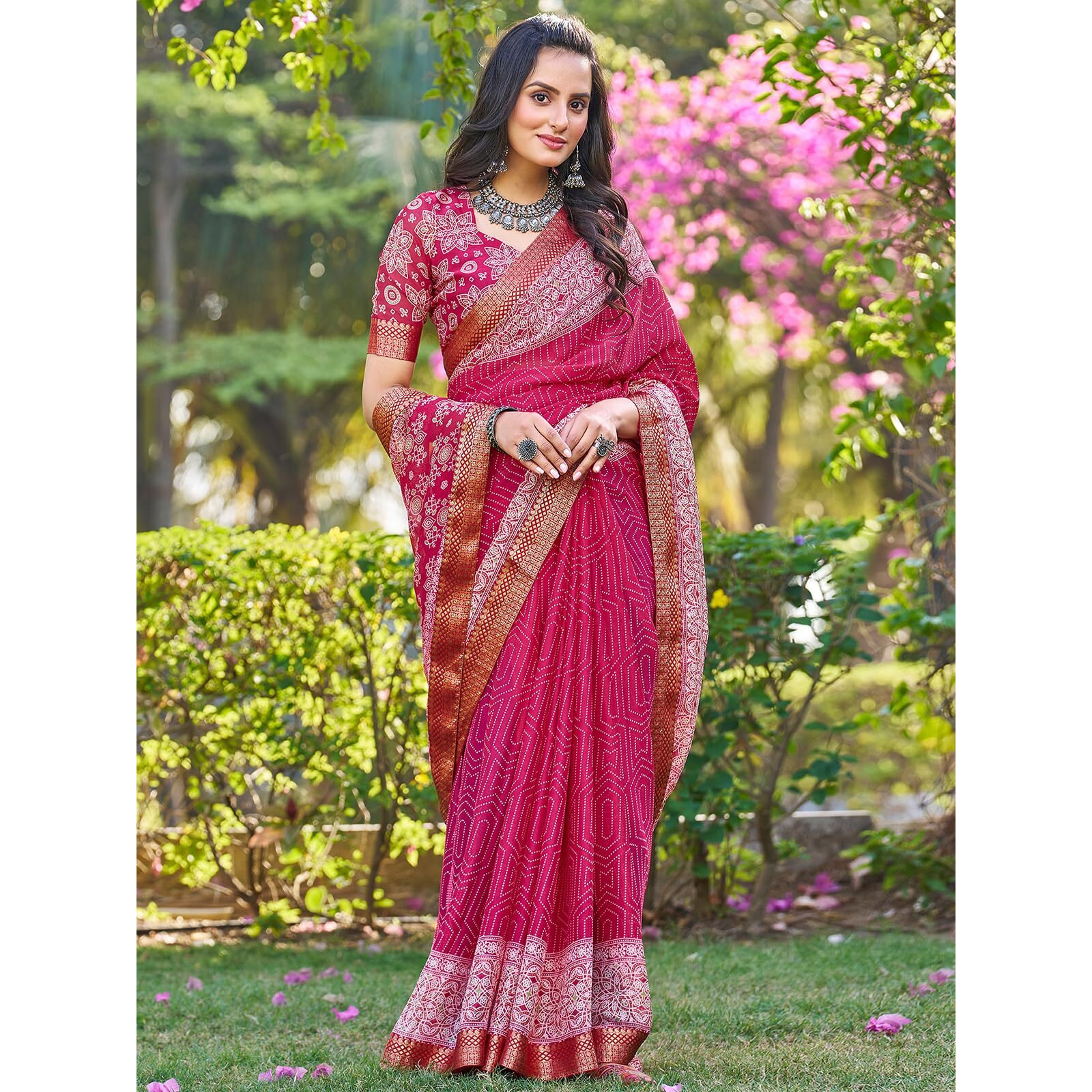 Satrani Women's Georgette Printed Saree With Unstitched Blouse Piece (3643S623N_Pink)