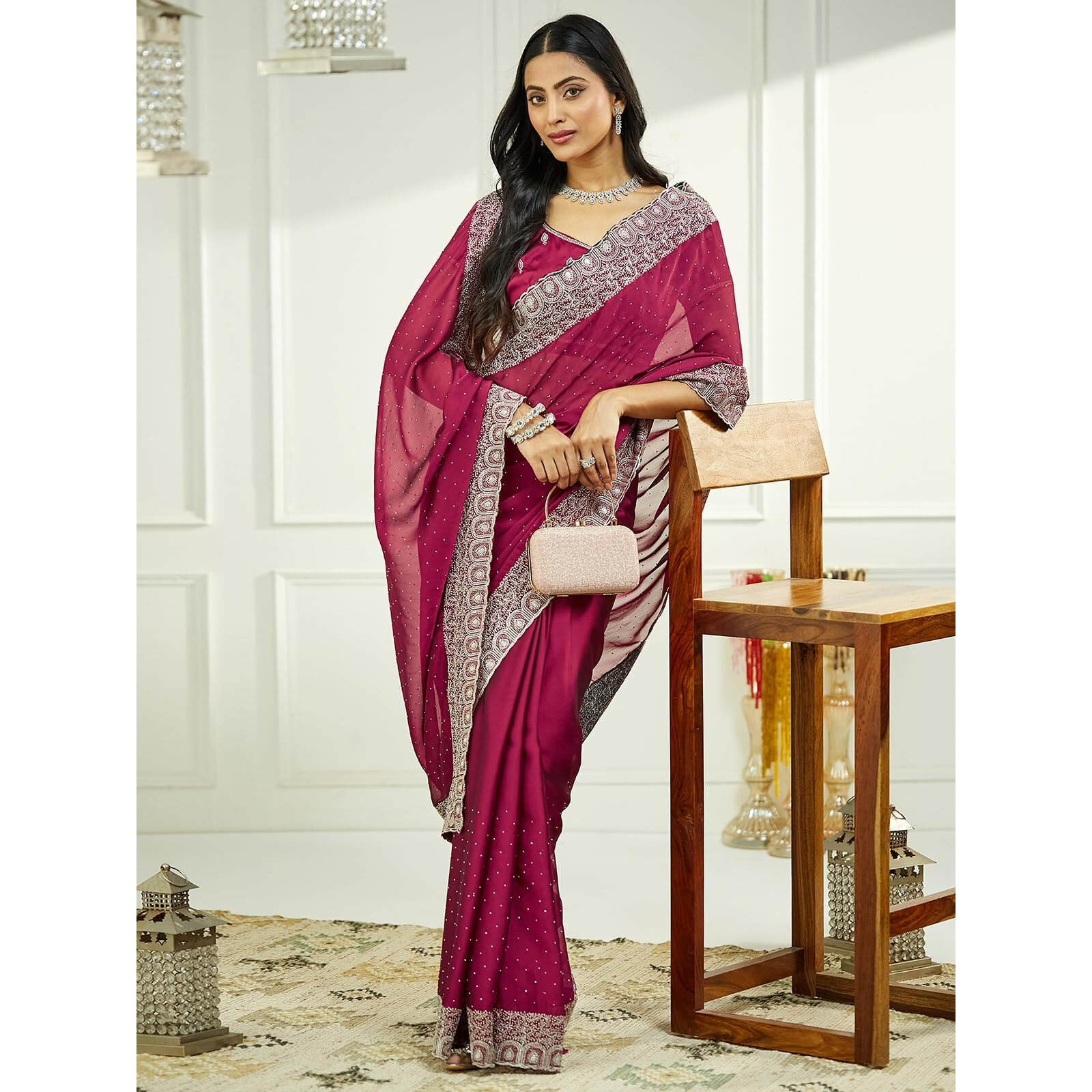 Satrani Women's Georgette Embroidery Stone Work Saree With Unstitched Blouse Piece (4023S622N_Burgundy)