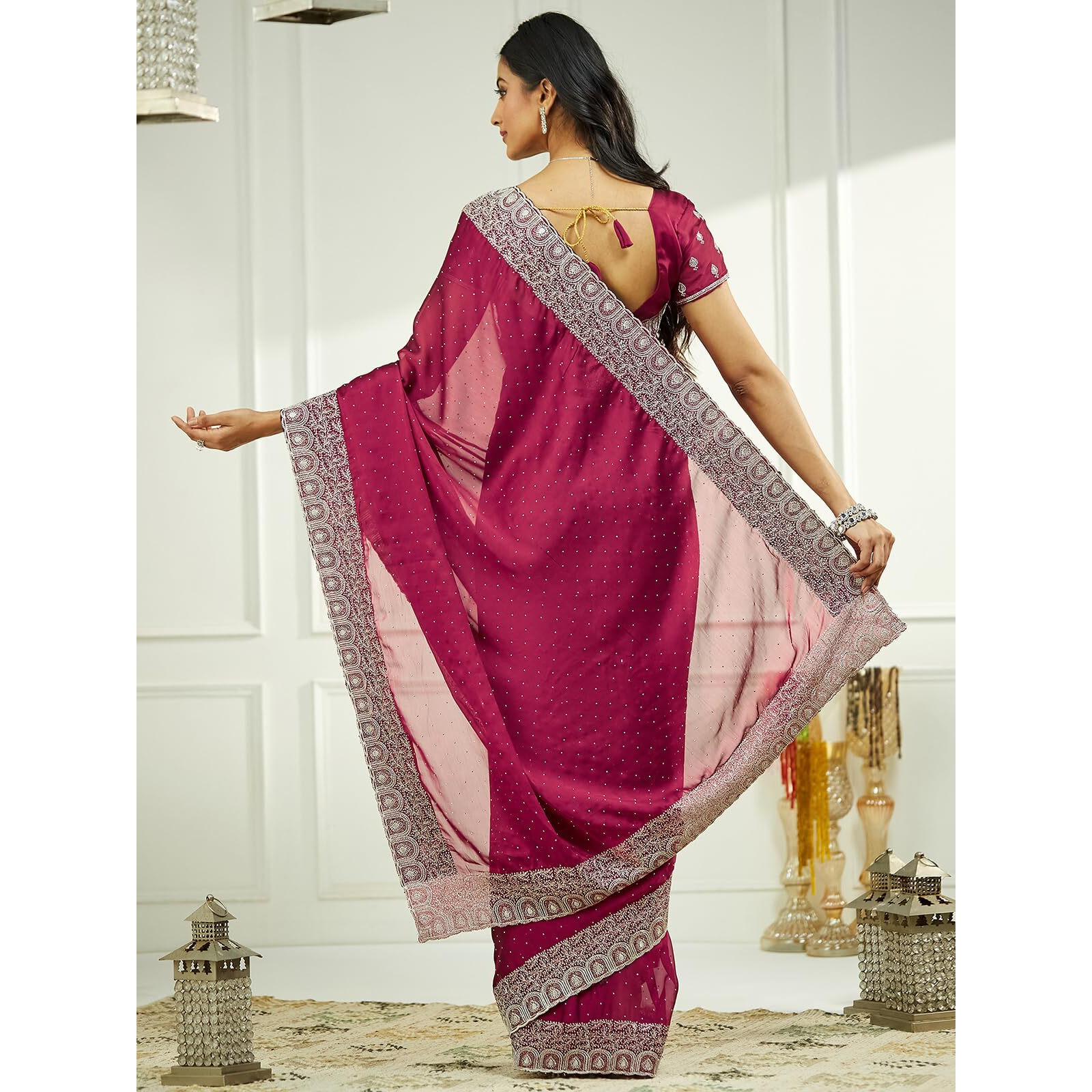 Satrani Women's Georgette Embroidery Stone Work Saree With Unstitched Blouse Piece (4023S622N_Burgundy)