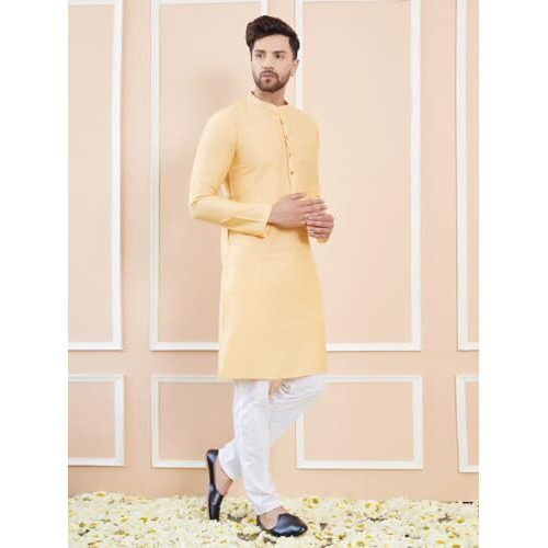 See Designs Men Full Sleeve Side Slit Beige Cotton Solid Straight Mandarin Collar Kurta - Sd2Kt_2414Xl