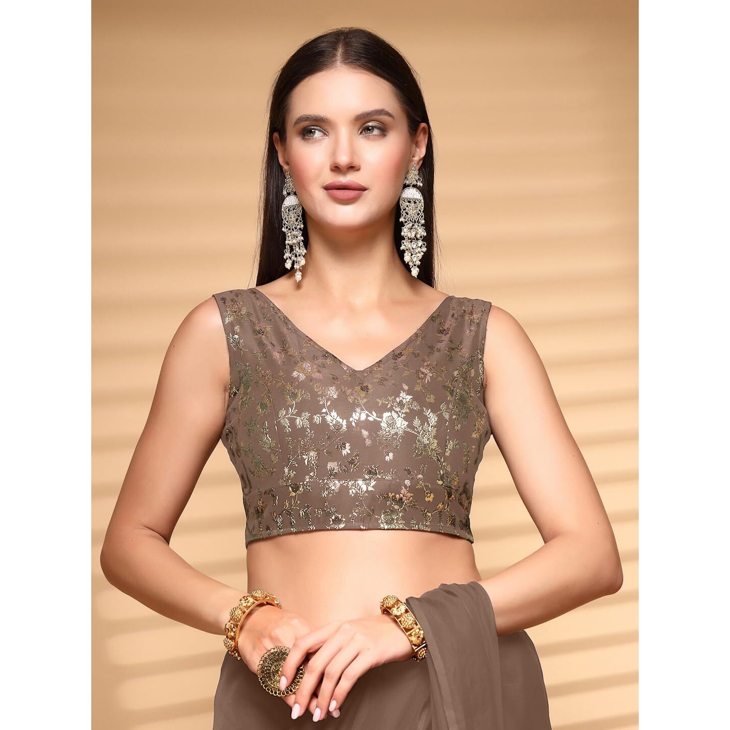 Oomph Readymade Blouse For Women, Brocade, Sleeveless, V-Neck, Rbbl725