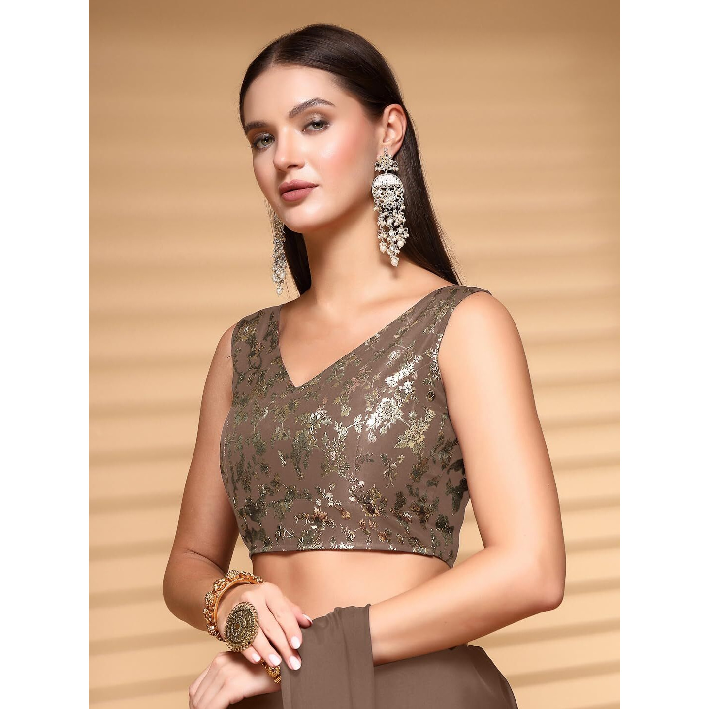 Oomph Readymade Blouse For Women, Brocade, Sleeveless, V-Neck, Rbbl725