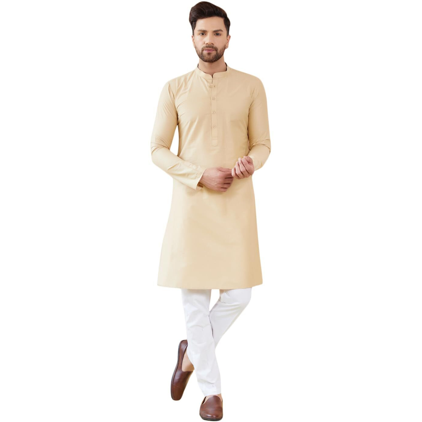 See Designs Full Sleeve Side Slit Cream Cotton Solid Straight Mandarin Collar Kurta With Pyjama - Sd2Kt_241201Xs