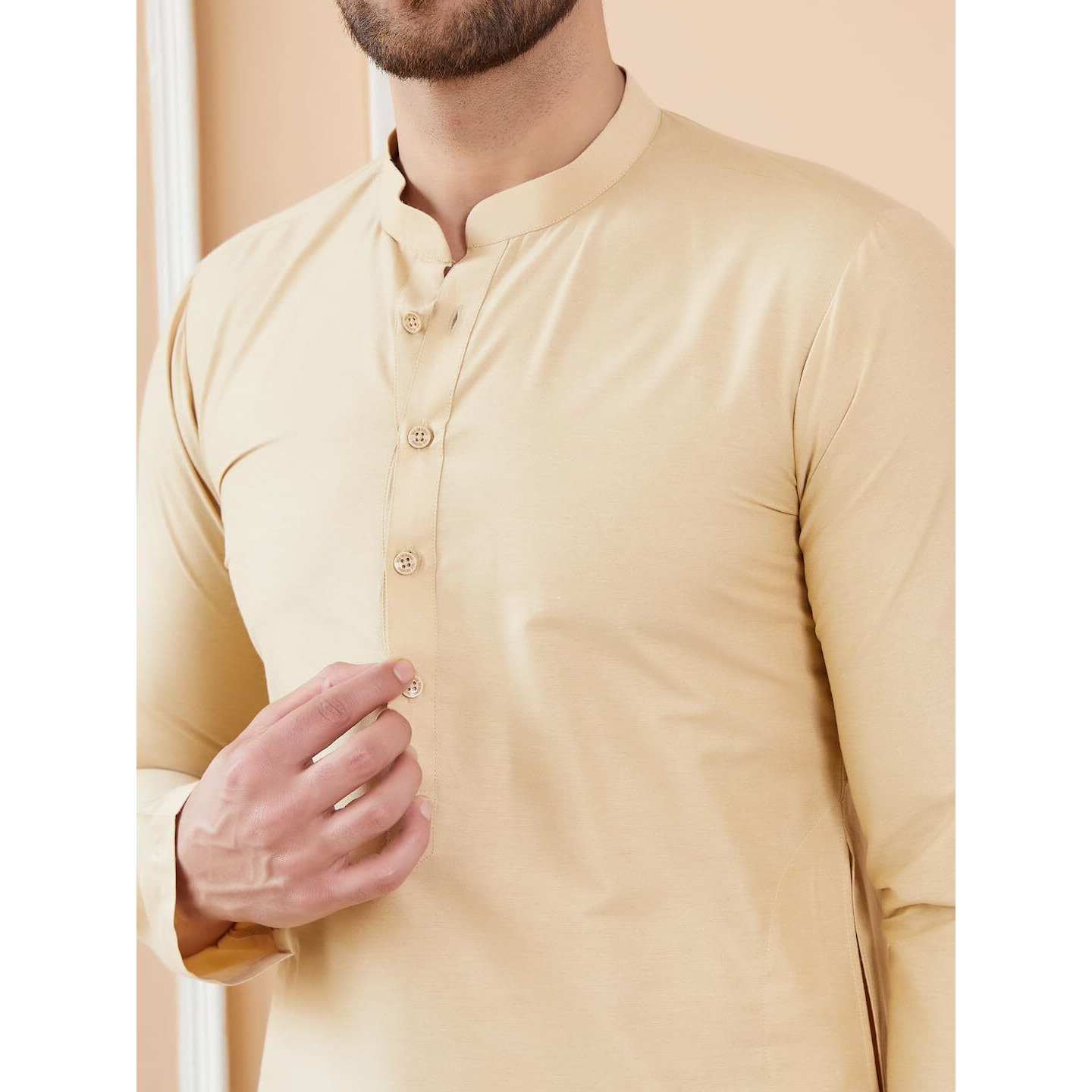 See Designs Full Sleeve Side Slit Cream Cotton Solid Straight Mandarin Collar Kurta With Pyjama - Sd2Kt_241201Xs