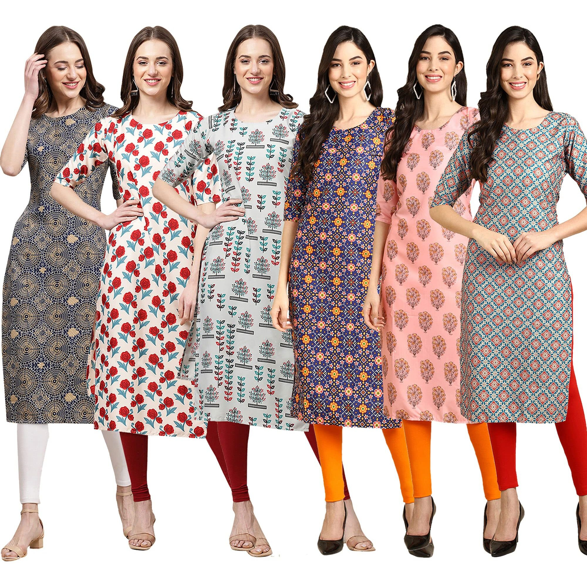 Pinkmint Women's Crepe Digital Print Straight Kurta Pack Of 6 [Cr-341-342-340-369-368-372-Xxl]