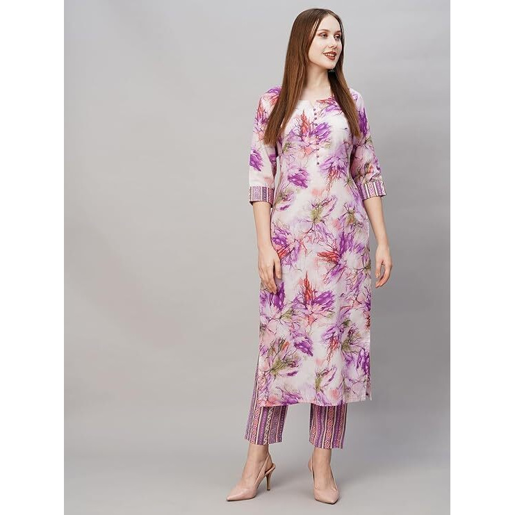 Shienzy Women's Cotton Blend Kurta Set (Shz1560_Multicolor_L)
