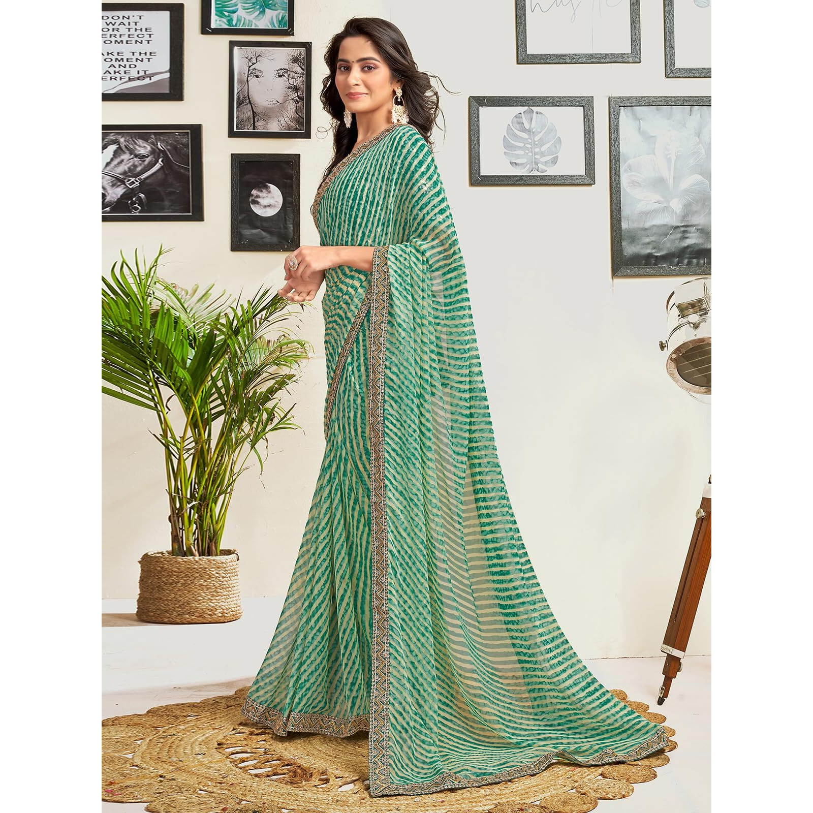 Satrani Women's Georgette Leheriya Printed Saree With Unstitched Blouse Piece (3822S6171N_Teal Green & Cream)