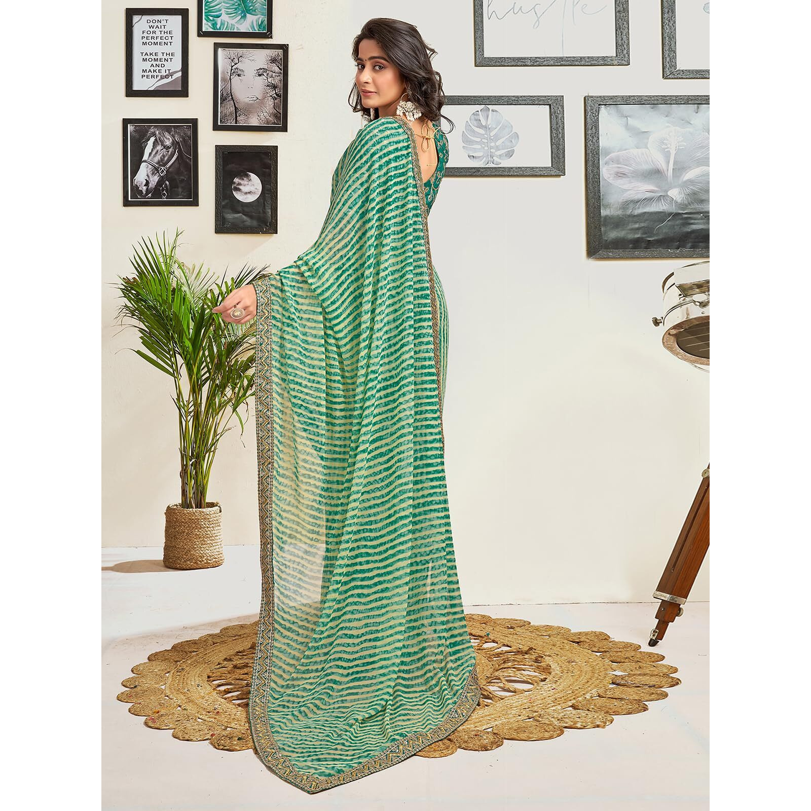 Satrani Women's Georgette Leheriya Printed Saree With Unstitched Blouse Piece (3822S6171N_Teal Green & Cream)