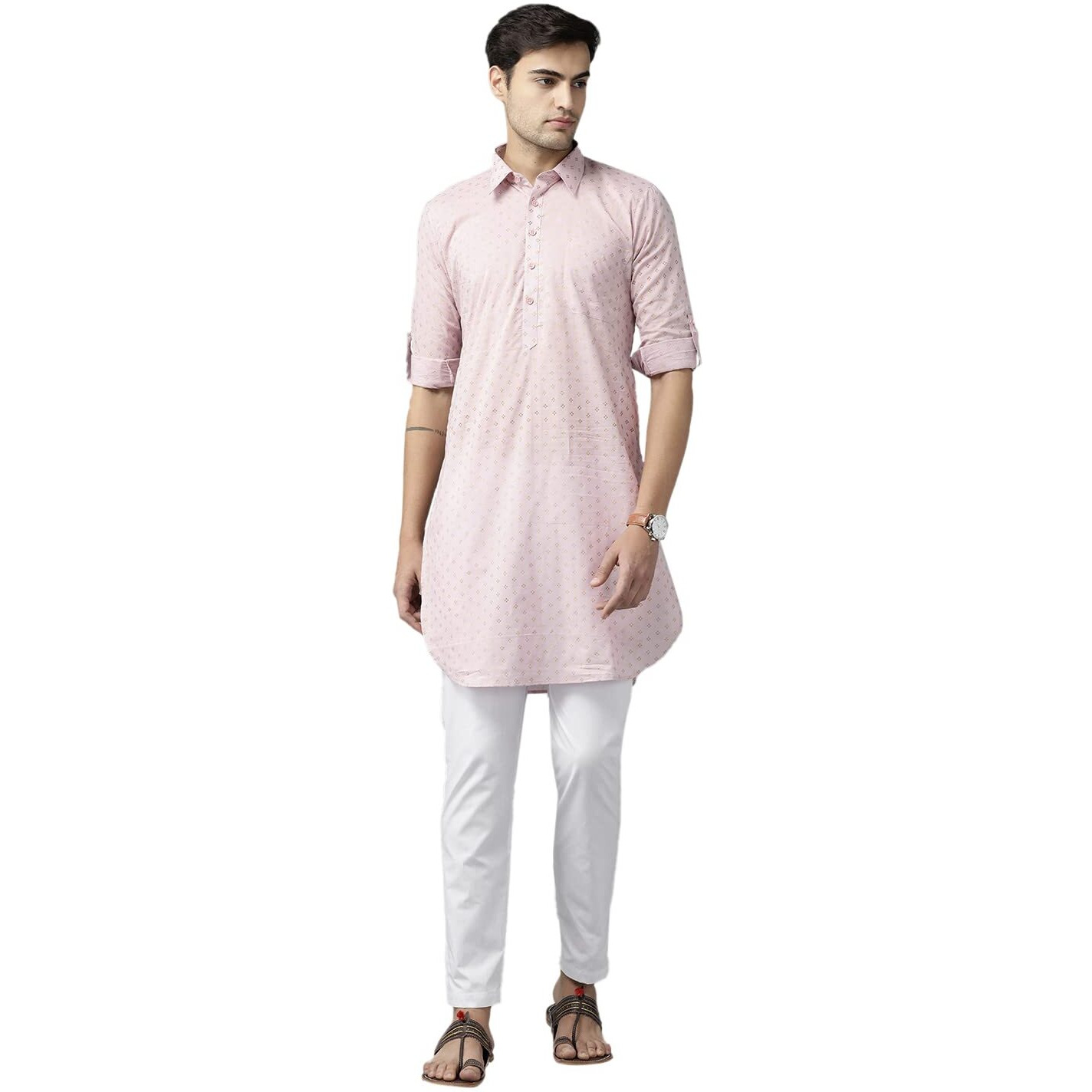 See Designs Men Baby Pink Regular Pure Cotton Pathani Printed Men's Kurta_Sdpkt1147S
