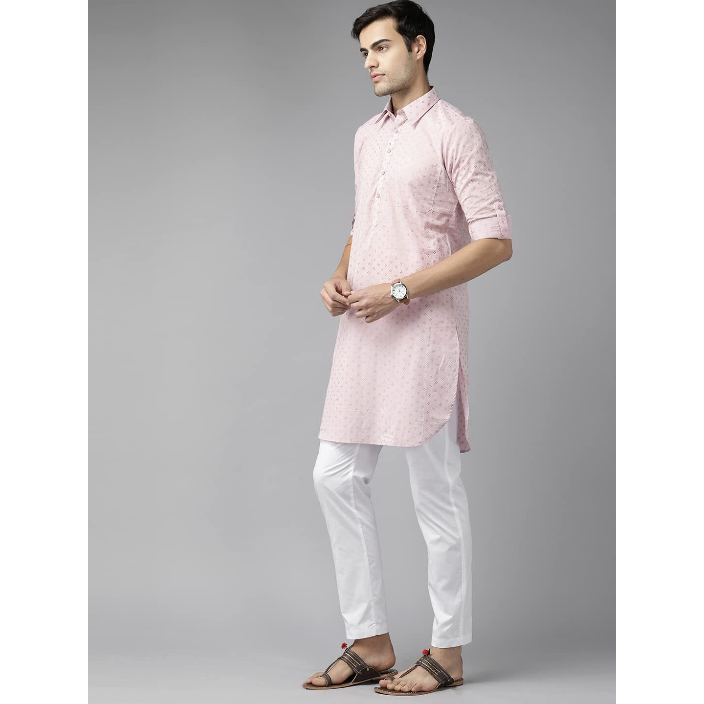 See Designs Men Baby Pink Regular Pure Cotton Pathani Printed Men's Kurta_Sdpkt1147S