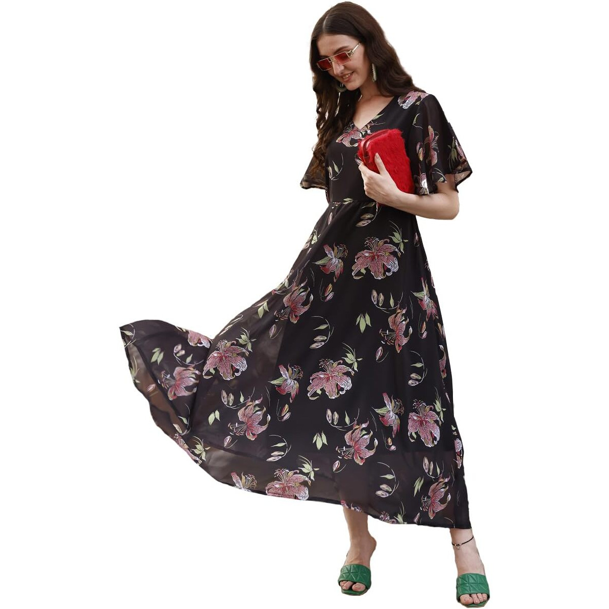 Smowkly Women's Georgette Floral Printed Indo-Western Ethnic Gown || Half Sleeve V Neck Fit & Flare Flared Hem Design || Casual Wear A-Line Maxi Dress (1328_Bk_Xl) Black