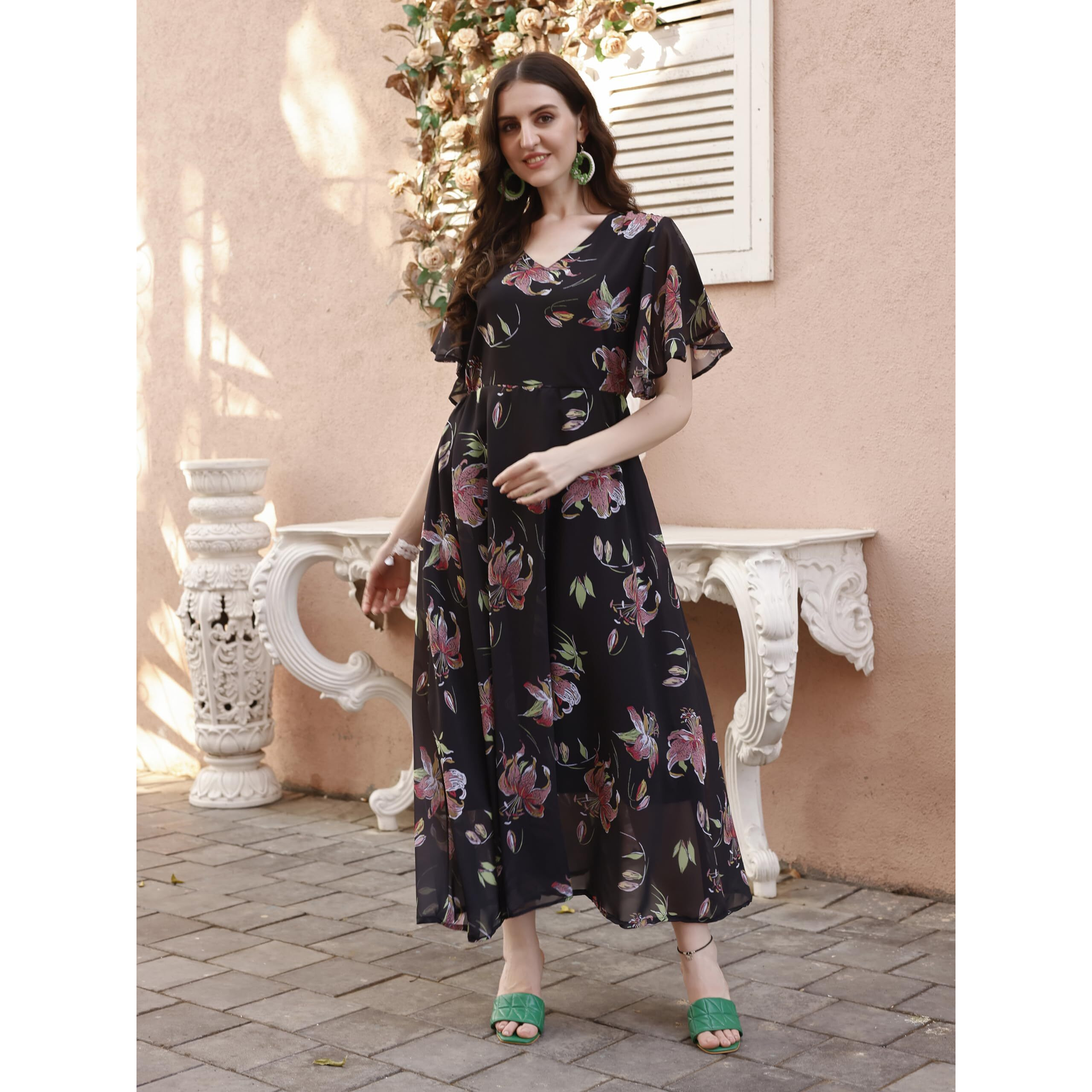 Smowkly Women's Georgette Floral Printed Indo-Western Ethnic Gown || Half Sleeve V Neck Fit & Flare Flared Hem Design || Casual Wear A-Line Maxi Dress (1328_Bk_Xl) Black