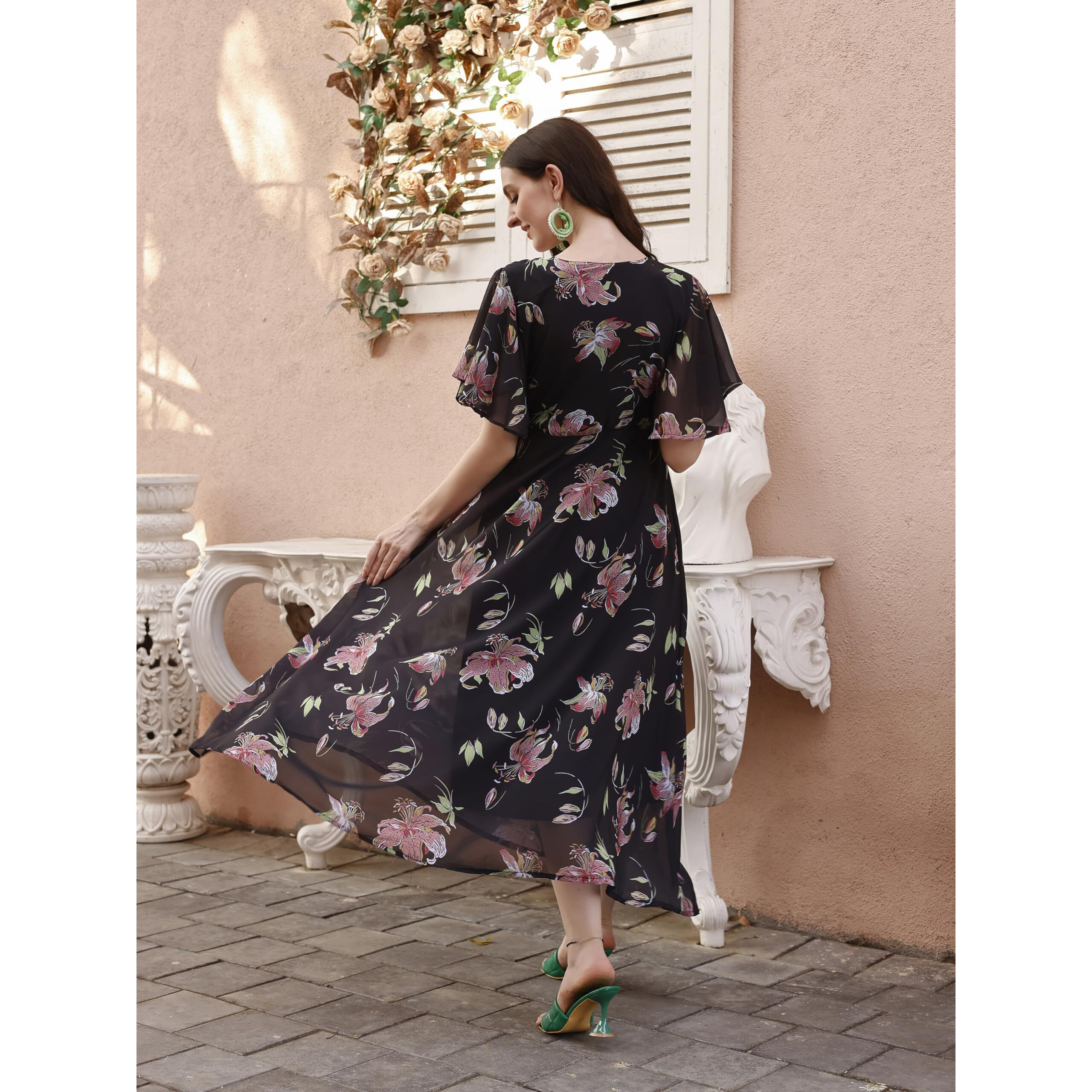 Smowkly Women's Georgette Floral Printed Indo-Western Ethnic Gown || Half Sleeve V Neck Fit & Flare Flared Hem Design || Casual Wear A-Line Maxi Dress (1328_Bk_Xl) Black
