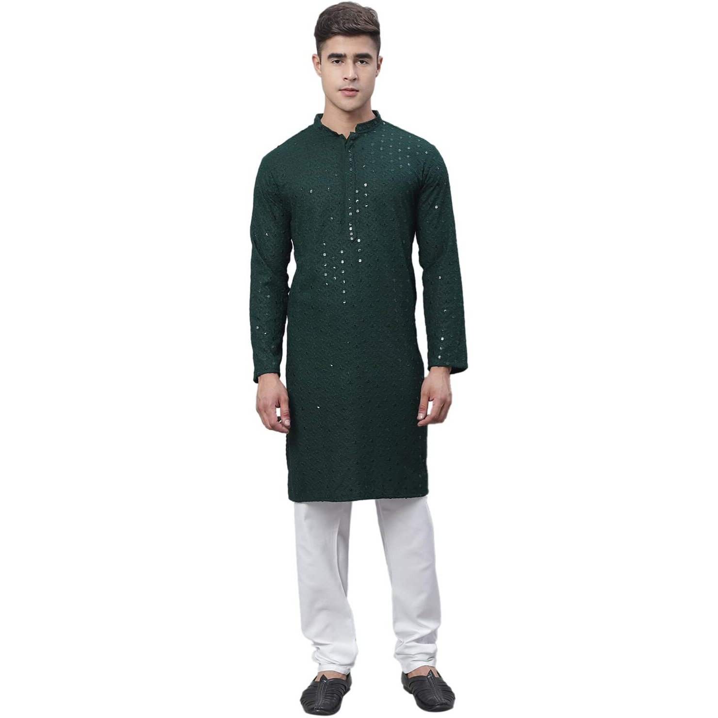 Sojanya (Since 1958 Men's Pure Cotton Green Embroidered Sequined Kurta And White Pyjama Set