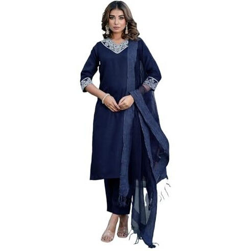 Sanisa Women's Cotton Blend Embroidery Work Straight Kurta With Pant And Dupatta Set (125Kbd1357N-M_Navy Blue)