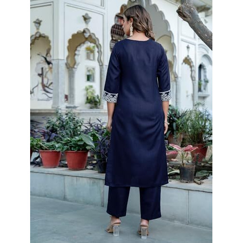 Sanisa Women's Cotton Blend Embroidery Work Straight Kurta With Pant And Dupatta Set (125Kbd1357N-M_Navy Blue)