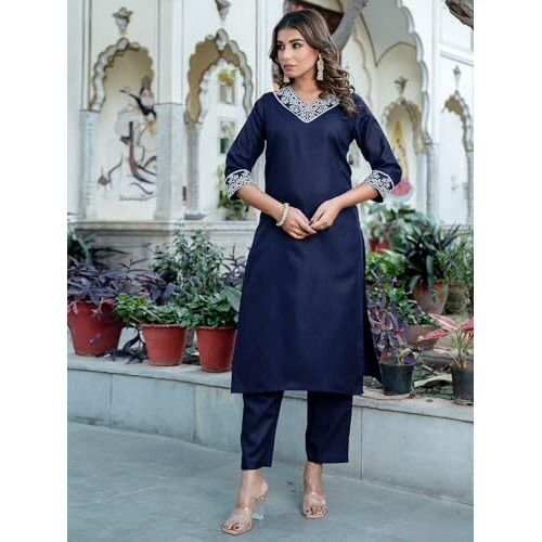 Sanisa Women's Cotton Blend Embroidery Work Straight Kurta With Pant And Dupatta Set (125Kbd1357N-M_Navy Blue)