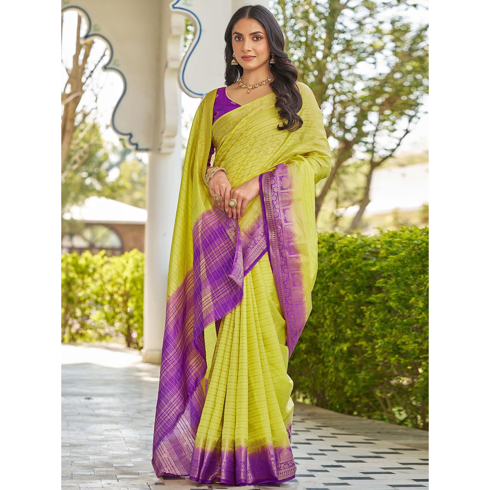 Satrani Women's Kanjivaram Silk Weaving Saree With Unstitched Blouse Piece (4247S614N_Lime Green)