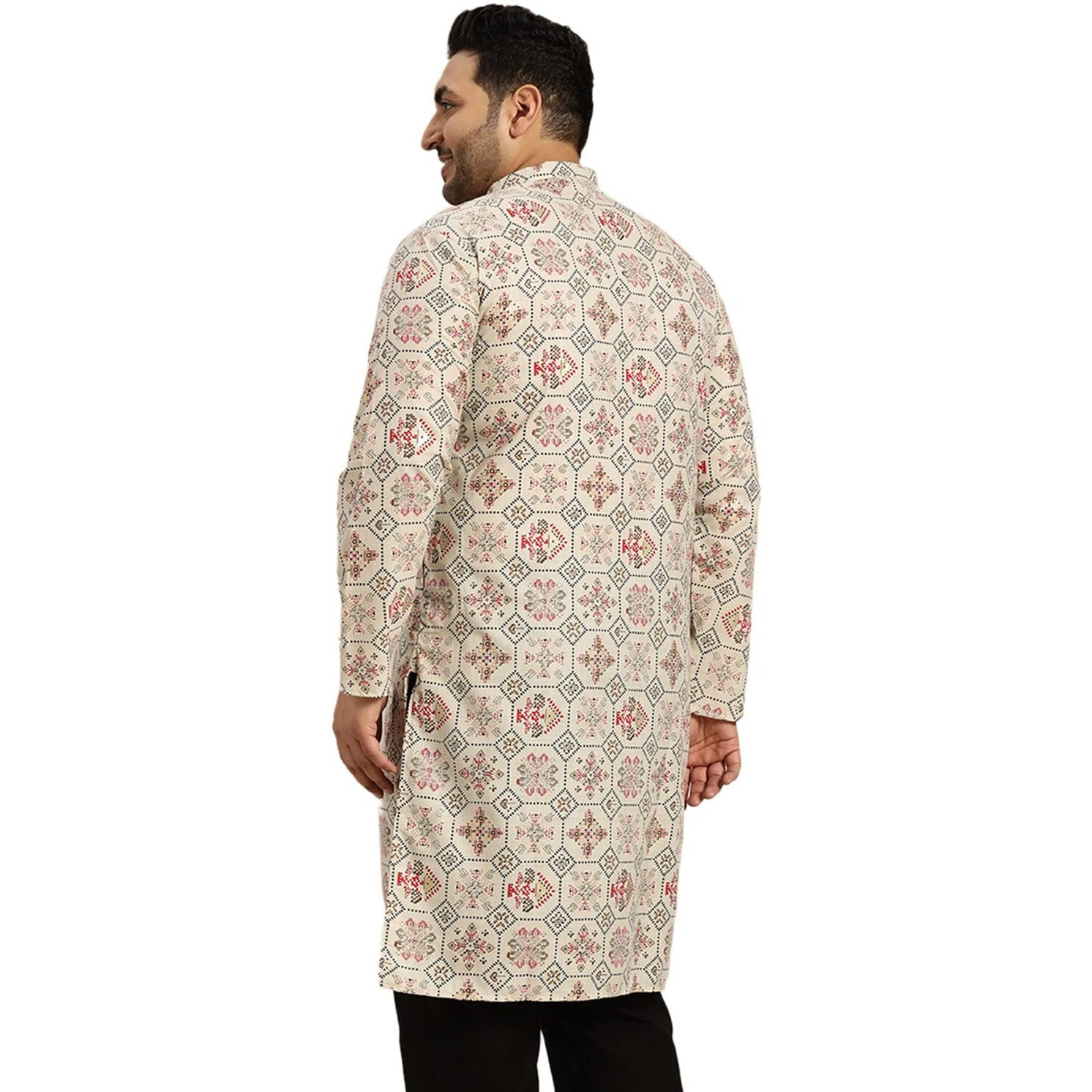 Sojanya Plus (Since 1958) Men's Cotton Linen Cream And Multi Printed Only Long Kurta