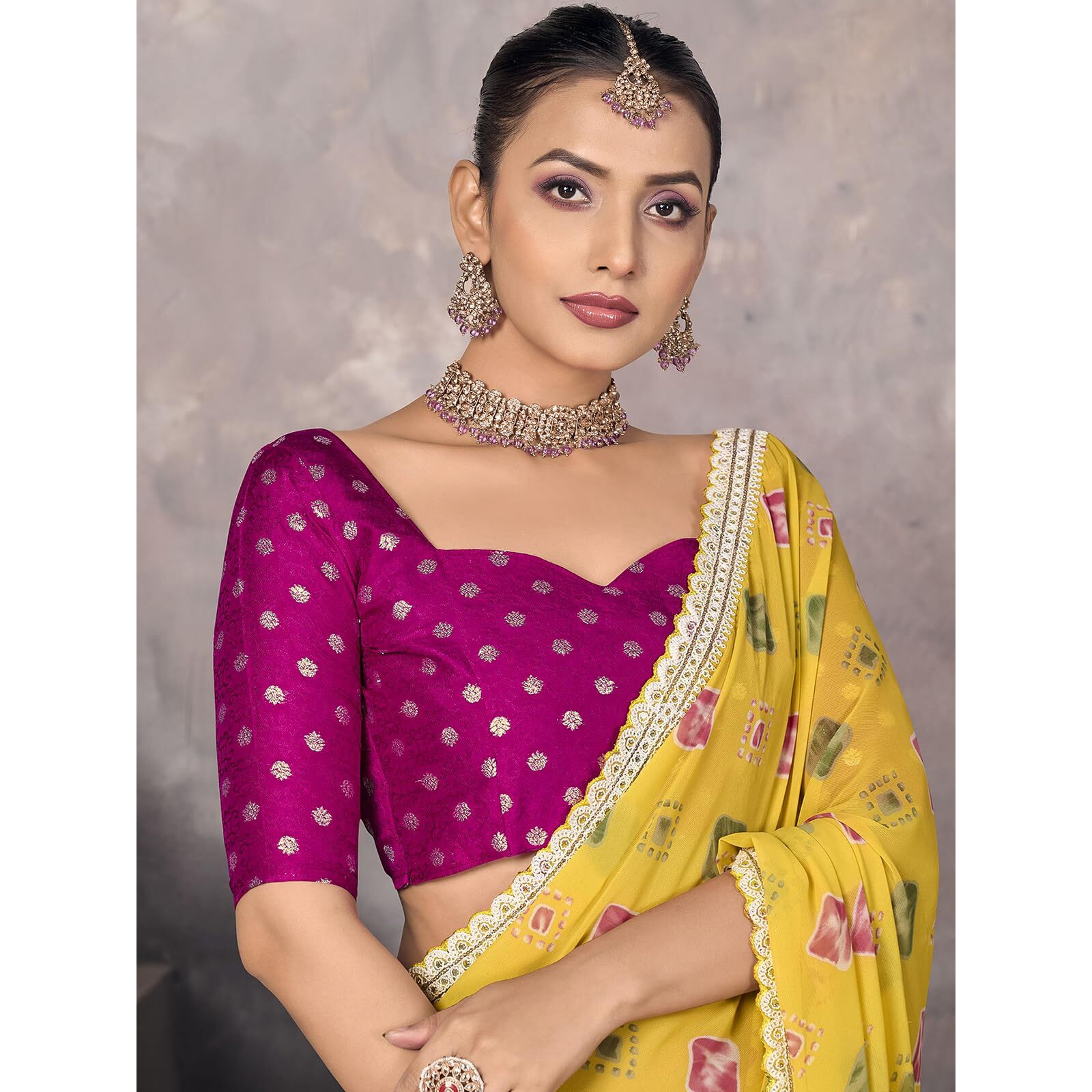 Satrani Women's Georgette Bandhani Printed & Embroidery And Sequins Work Border Saree With Unstitched Blouse Piece (4165S915N_Yellow)