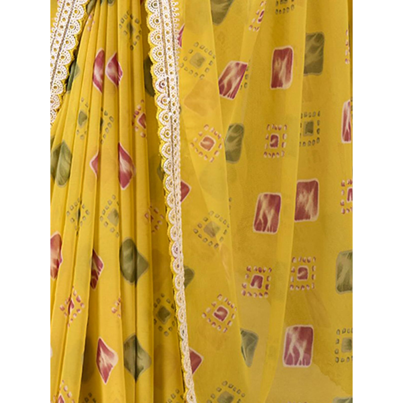 Satrani Women's Georgette Bandhani Printed & Embroidery And Sequins Work Border Saree With Unstitched Blouse Piece (4165S915N_Yellow)