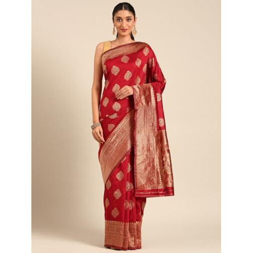 Shiv Textiles Women's Banarasi Silk Saree With Unstitched Blouse (Maroon)