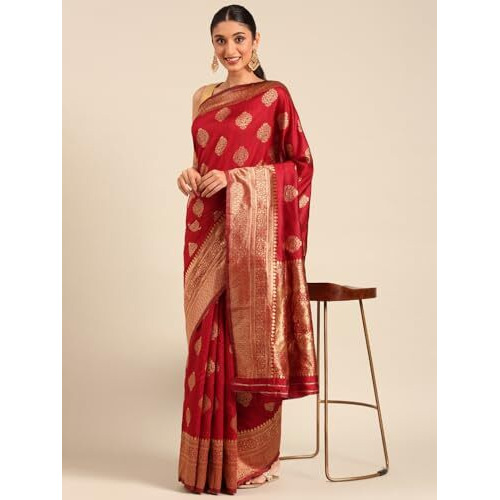 Shiv Textiles Women's Banarasi Silk Saree With Unstitched Blouse (Maroon)