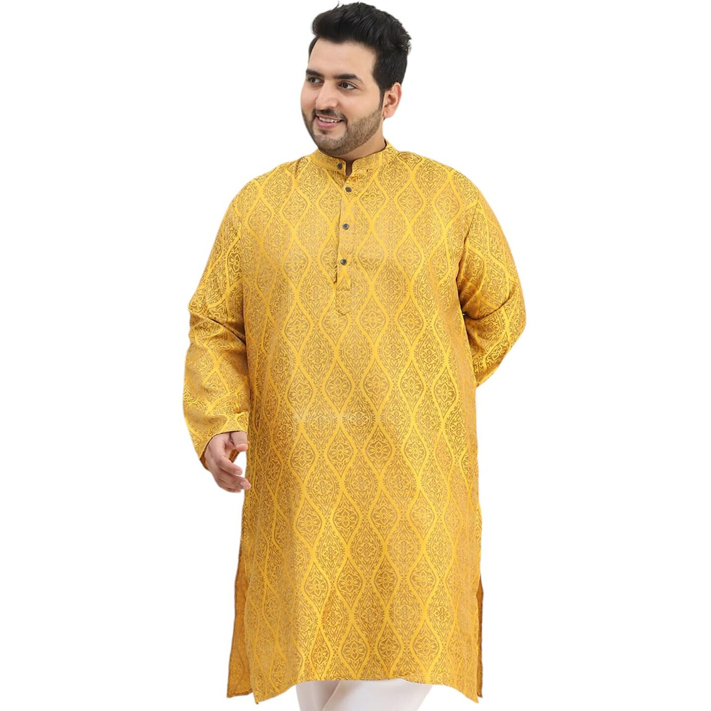 Sojanya Plus (Since 1958) Men's Jacquard Silk Mustard & Gold Only Long Kurta
