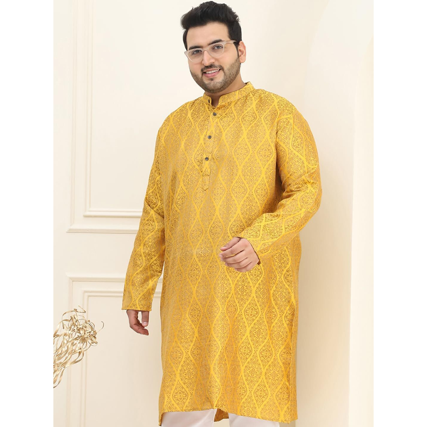 Sojanya Plus (Since 1958) Men's Jacquard Silk Mustard & Gold Only Long Kurta