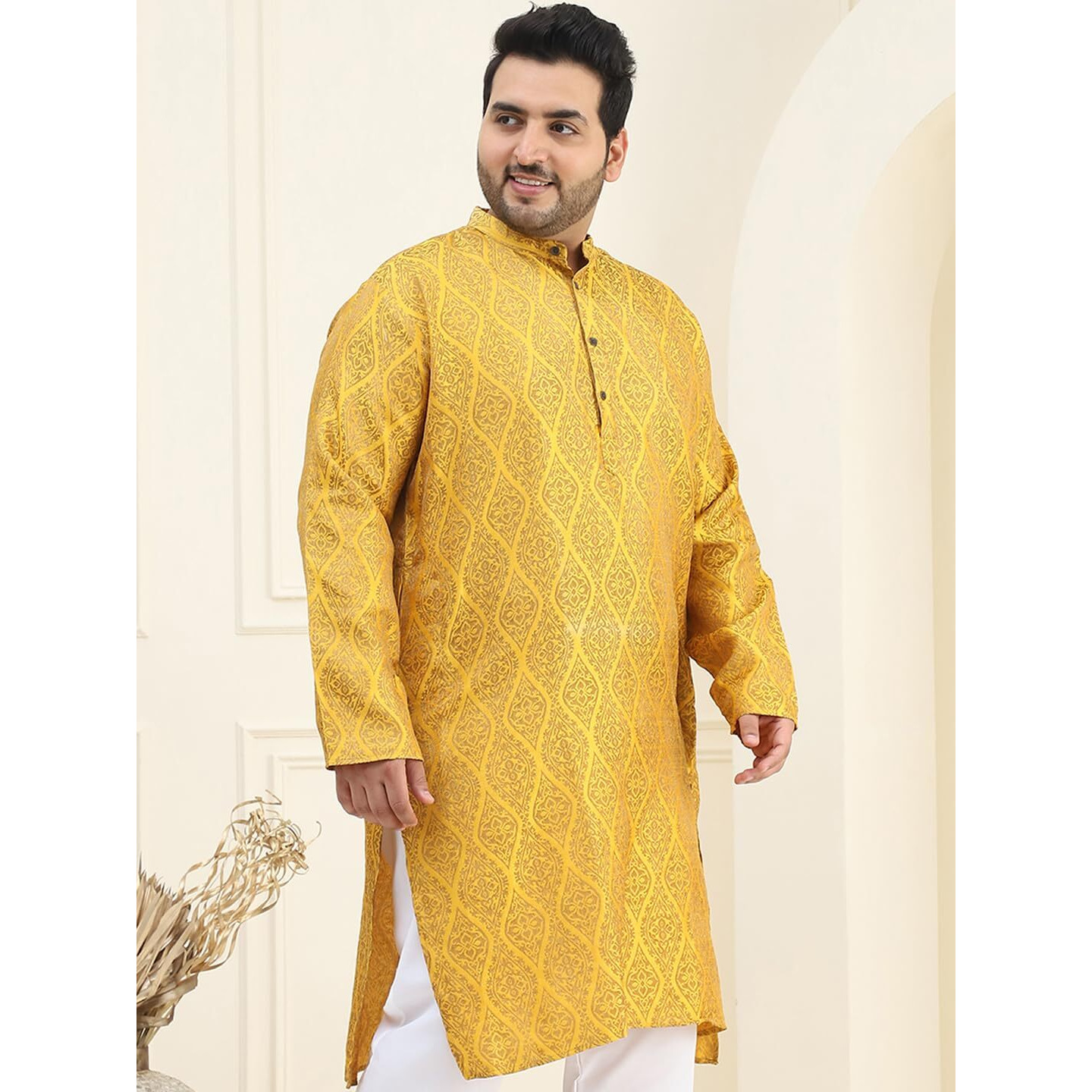 Sojanya Plus (Since 1958) Men's Jacquard Silk Mustard & Gold Only Long Kurta