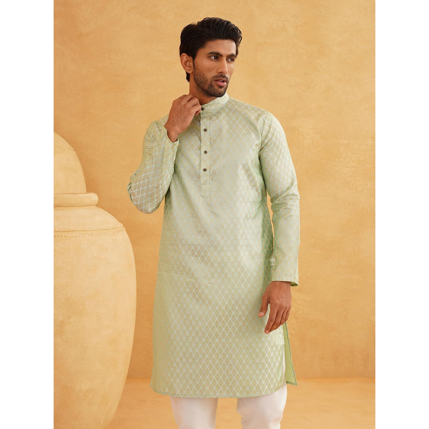 Sojanya (Since 1958 Men's Silk Blend Self Design Pista Green Only Long Kurta