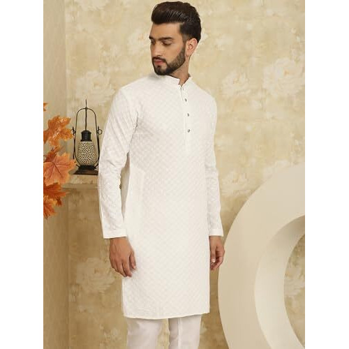 Sojanya (Since 1958 Men's Pure Cotton White Embroidered 4Booti Sequence Only Long KurtaSize-42
