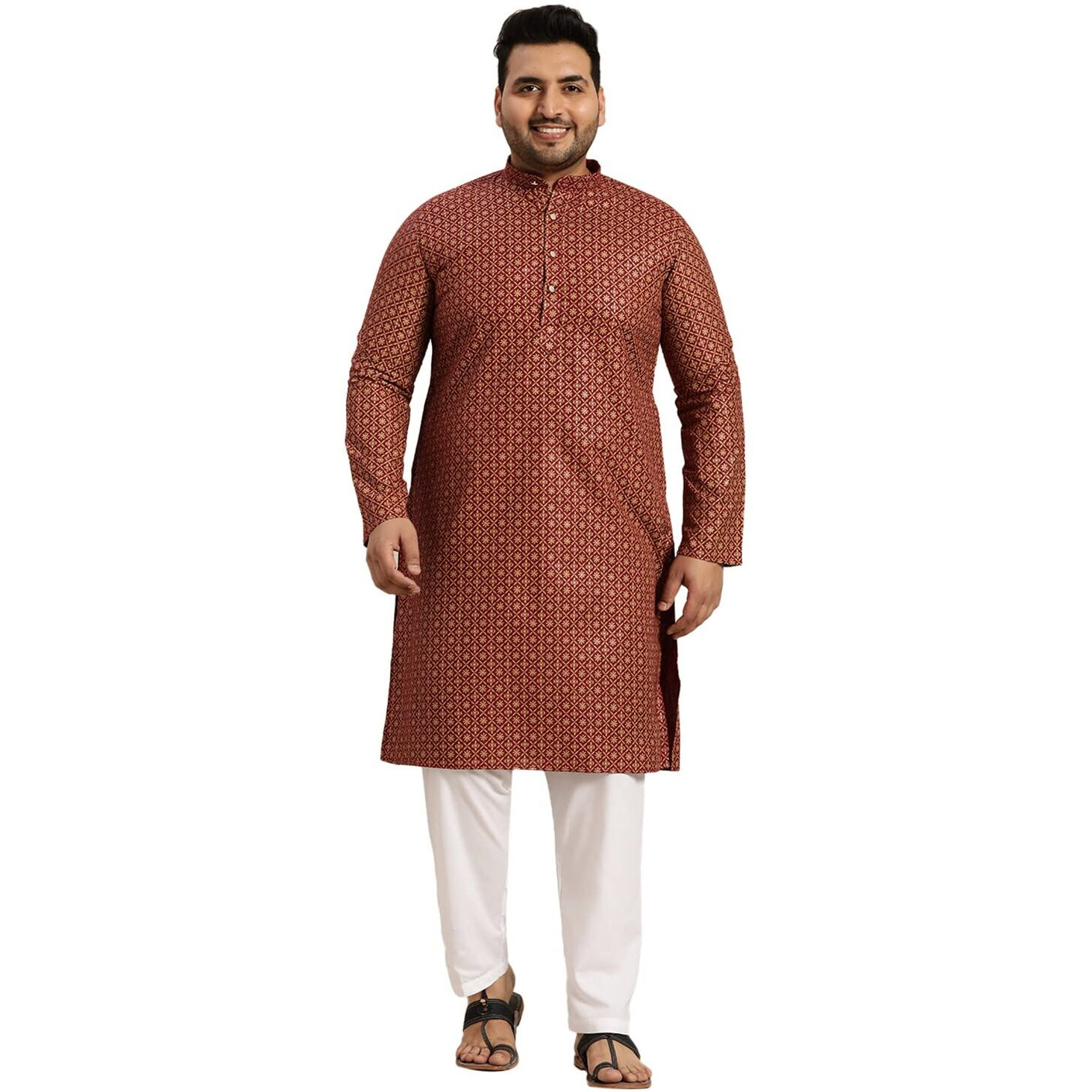 Sojanya Plus (Since 1958) Men's Cotton Linen Maroon Foil Printed Kurta And White Pyjama Set
