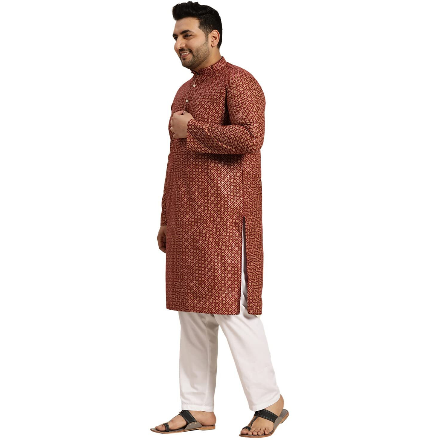 Sojanya Plus (Since 1958) Men's Cotton Linen Maroon Foil Printed Kurta And White Pyjama Set