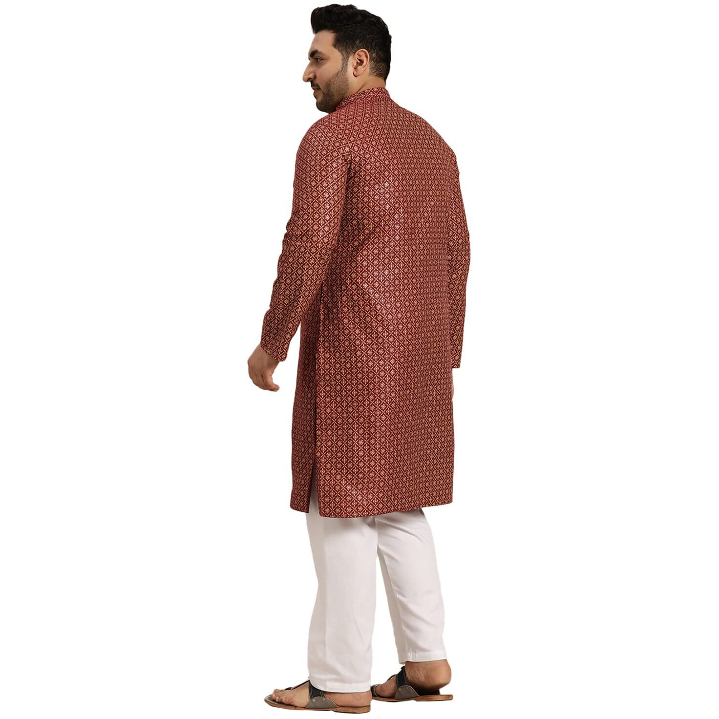 Sojanya Plus (Since 1958) Men's Cotton Linen Maroon Foil Printed Kurta And White Pyjama Set