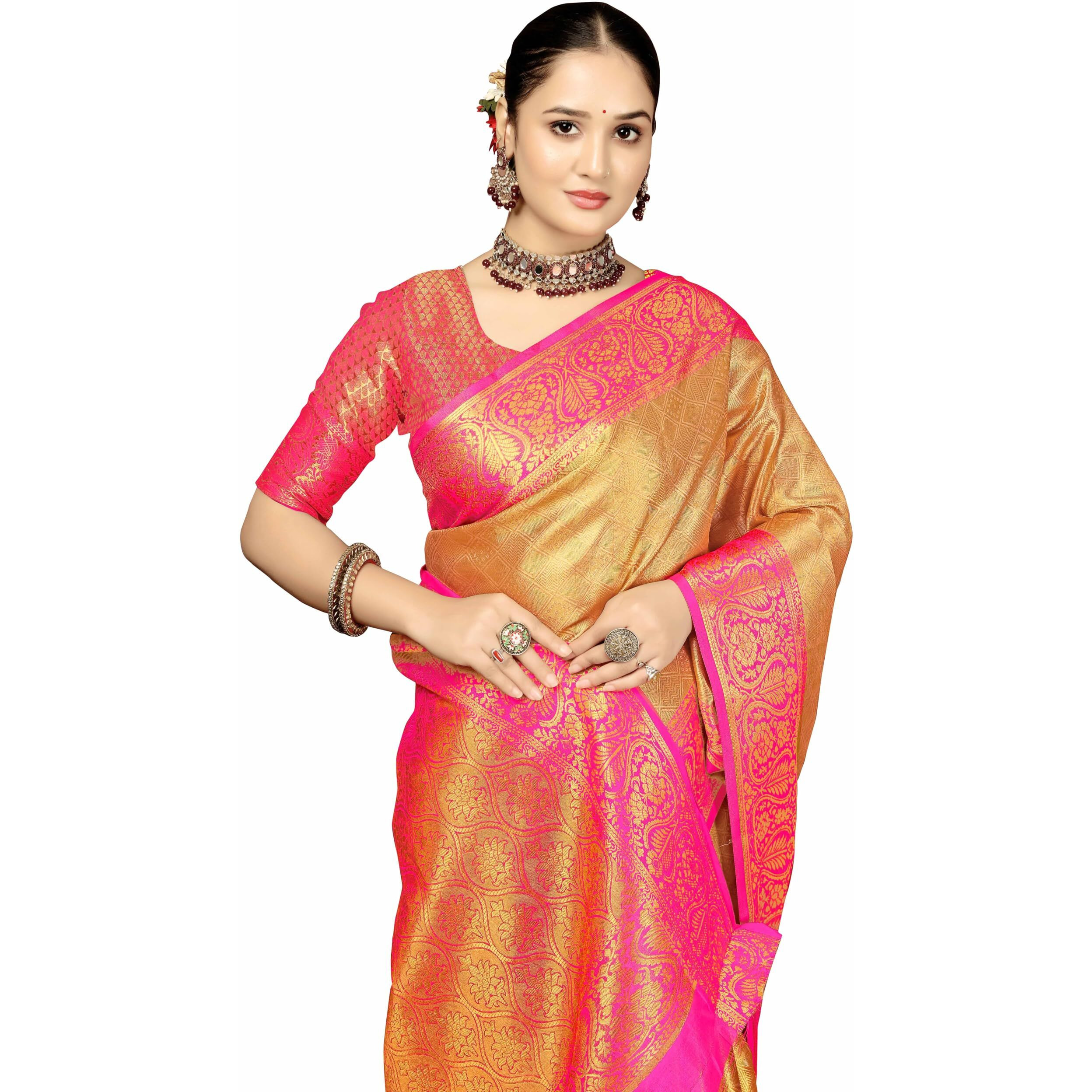 Sugathari Women's Gold And Pink Kanjivaram Banarasi Silk Saree For Patola Festival Wedding Silk With Rich Pallu Design Sarees For Women With Blouse Piece (Gold Star 1)
