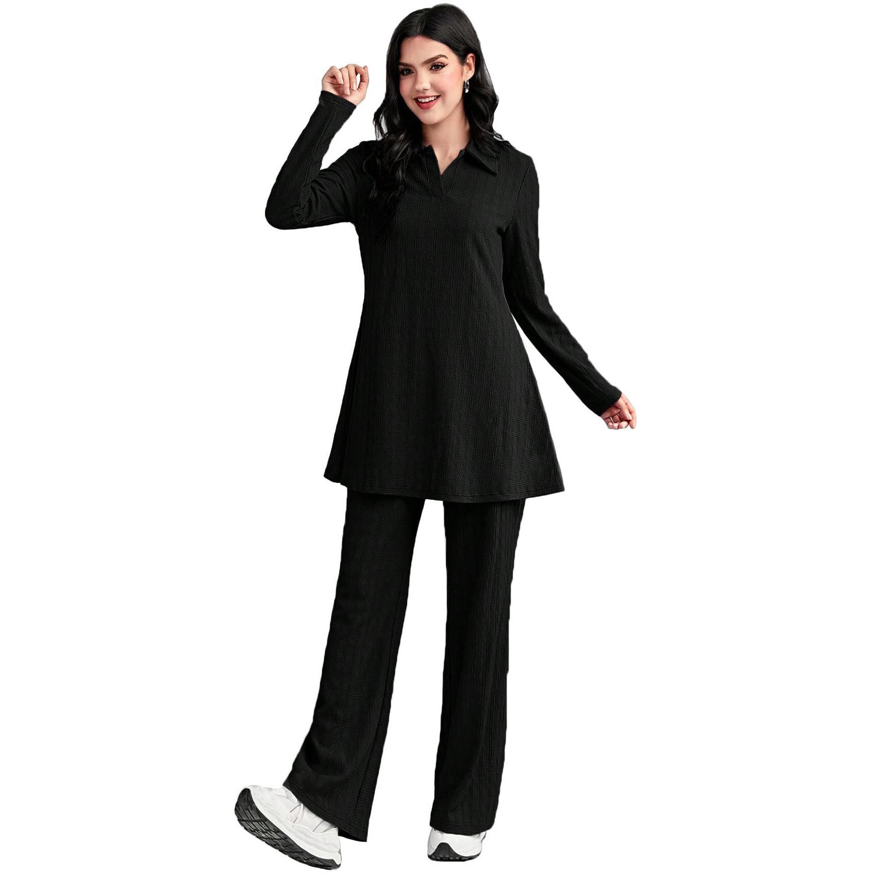 Tadkee Women's Solid Color Two-Piece Set | Long Sleeve Top & Wide Leg Pants Co-Ord Set | Casual Wear Co Ord Set (Fn-Full-Sleeve-Cord-125-Black-L)