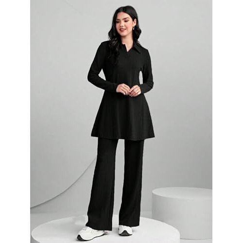 Tadkee Women's Solid Color Two-Piece Set | Long Sleeve Top & Wide Leg Pants Co-Ord Set | Casual Wear Co Ord Set (Fn-Full-Sleeve-Cord-125-Black-L)