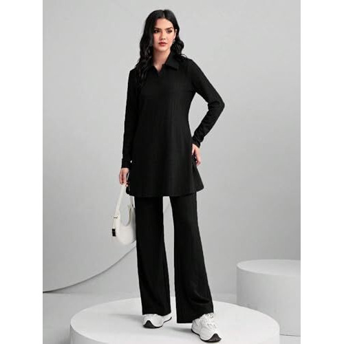 Tadkee Women's Solid Color Two-Piece Set | Long Sleeve Top & Wide Leg Pants Co-Ord Set | Casual Wear Co Ord Set (Fn-Full-Sleeve-Cord-125-Black-L)