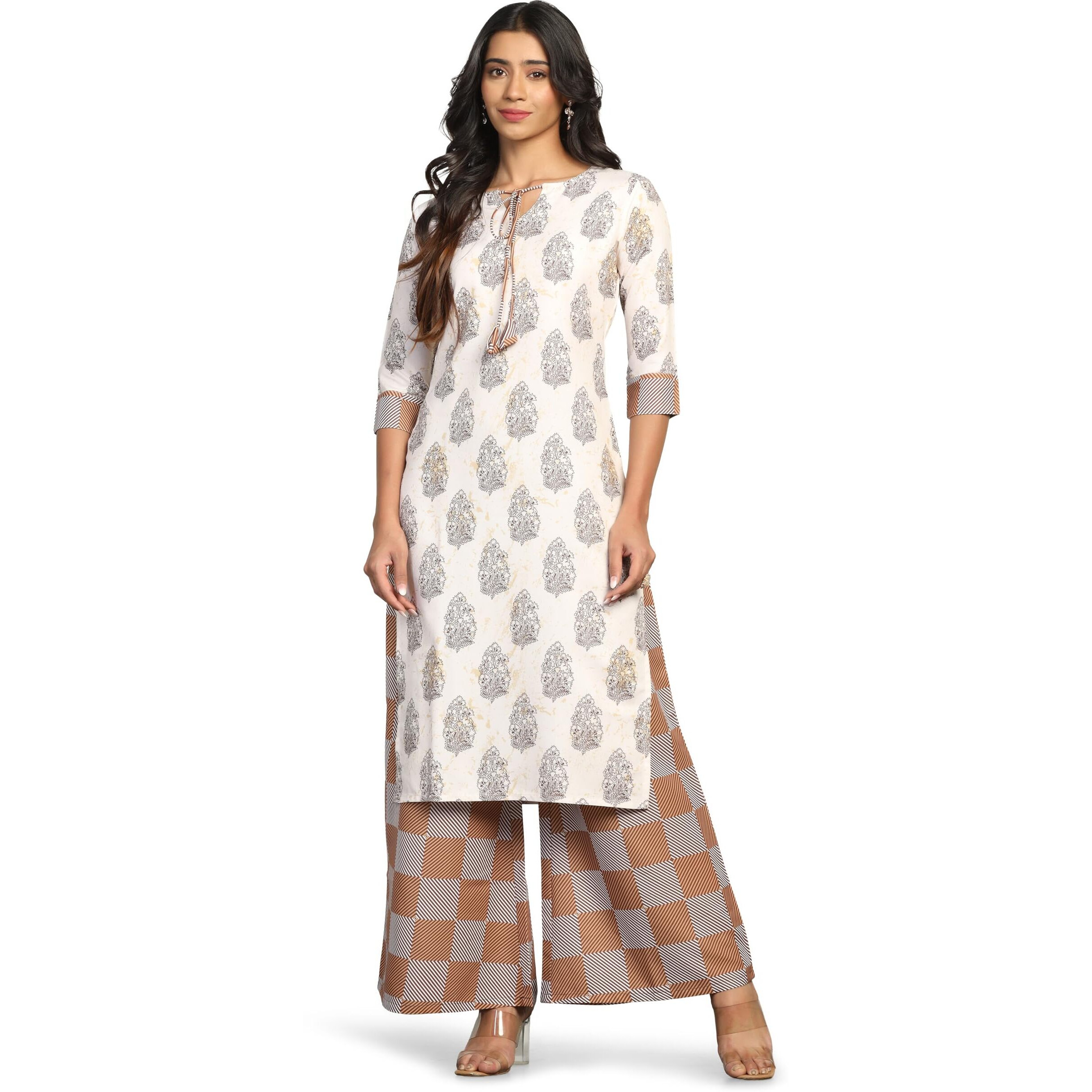 Tadkee Women Cotton Blend Printed Kurta With Palazzo (Fnx-Plazzo-Pair-Dori-107-White-S)