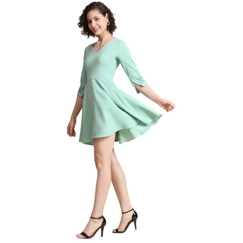 Toochki Women's Sea Green Cotton Blend Solid Fit & Flared Western Dress | Dress For Women | A Line Dress | Winter Dress | Western Dress | Latest Women Dress | Trendy Dress | Midi Dress