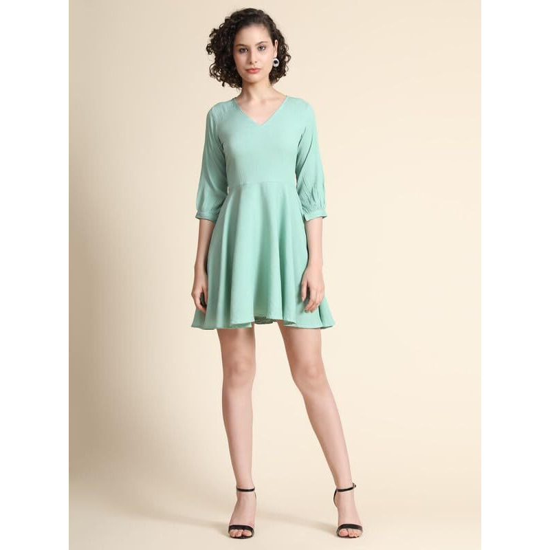 Toochki Women's Sea Green Cotton Blend Solid Fit & Flared Western Dress | Dress For Women | A Line Dress | Winter Dress | Western Dress | Latest Women Dress | Trendy Dress | Midi Dress