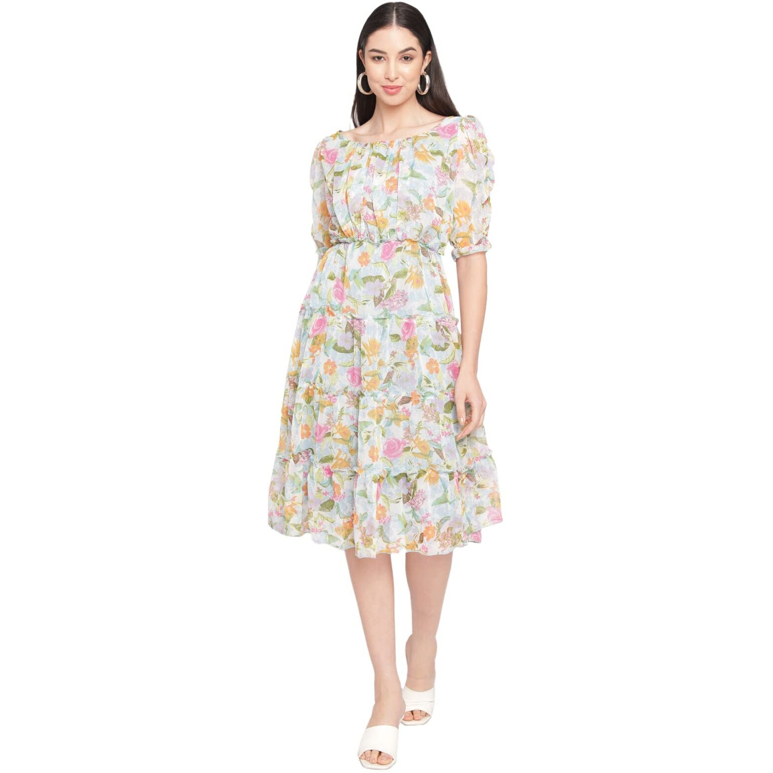 Sugathari Women's Green Chiffon Solid Floral Sweetheart Neck A-Line Dress For Women (Dress2 60 Green M)