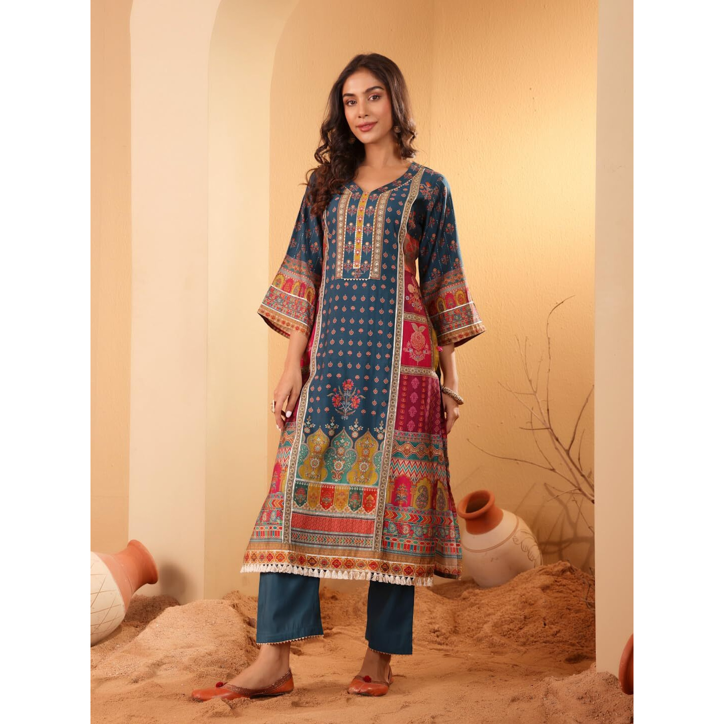 Varanga Women Teal Blue Ethnic Printed Straight Kurta With Trouser  Stylish And Comfortable Ethnic Set