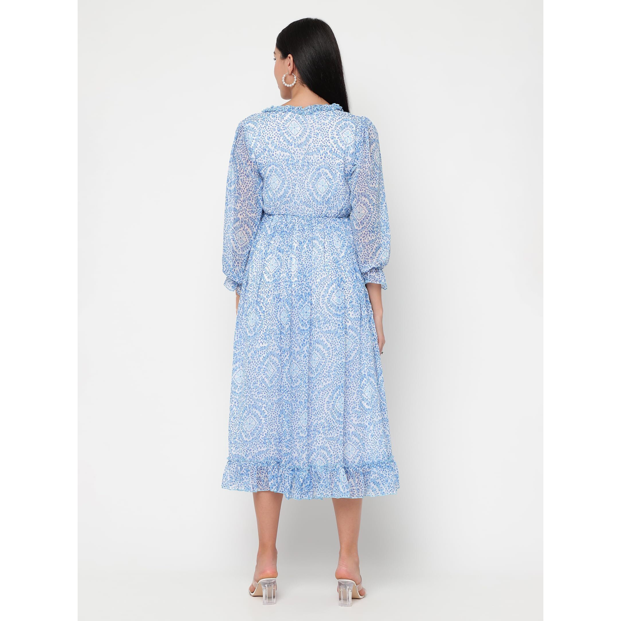 Sugathari Chiffon Sky Blue Ditsy Floral Deep V-Neck Ruffle Hem Western Dresses For Women (Dress2 88 Sky Blue Xl)